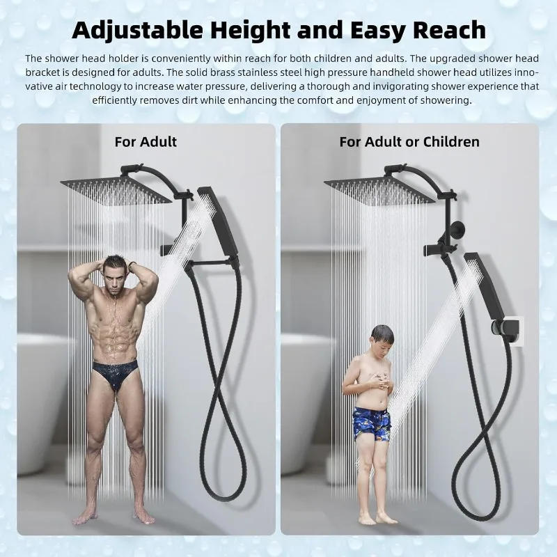 All metal 10 inch rain shower head, square shower head combination, high pressure handheld shower wand, 16 inch adjustable 6