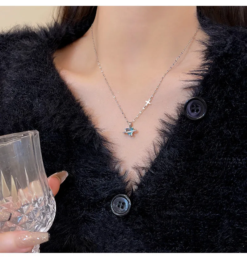 Collana con ciondolo retrò coreano alla moda femminile 2025, con cristallo blu, argento, stella dell'universo, gioielli estetici da sposa per donna_voghion.com