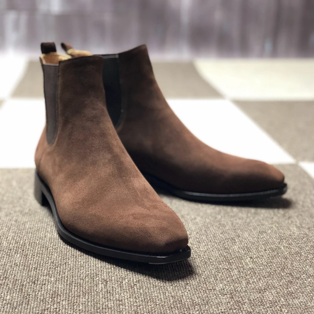 

cie Suede Chestnut Goodyear Welted Chelsea Boot Handmade Shoes Calf Leather Out-sole Ankle Boots MA13