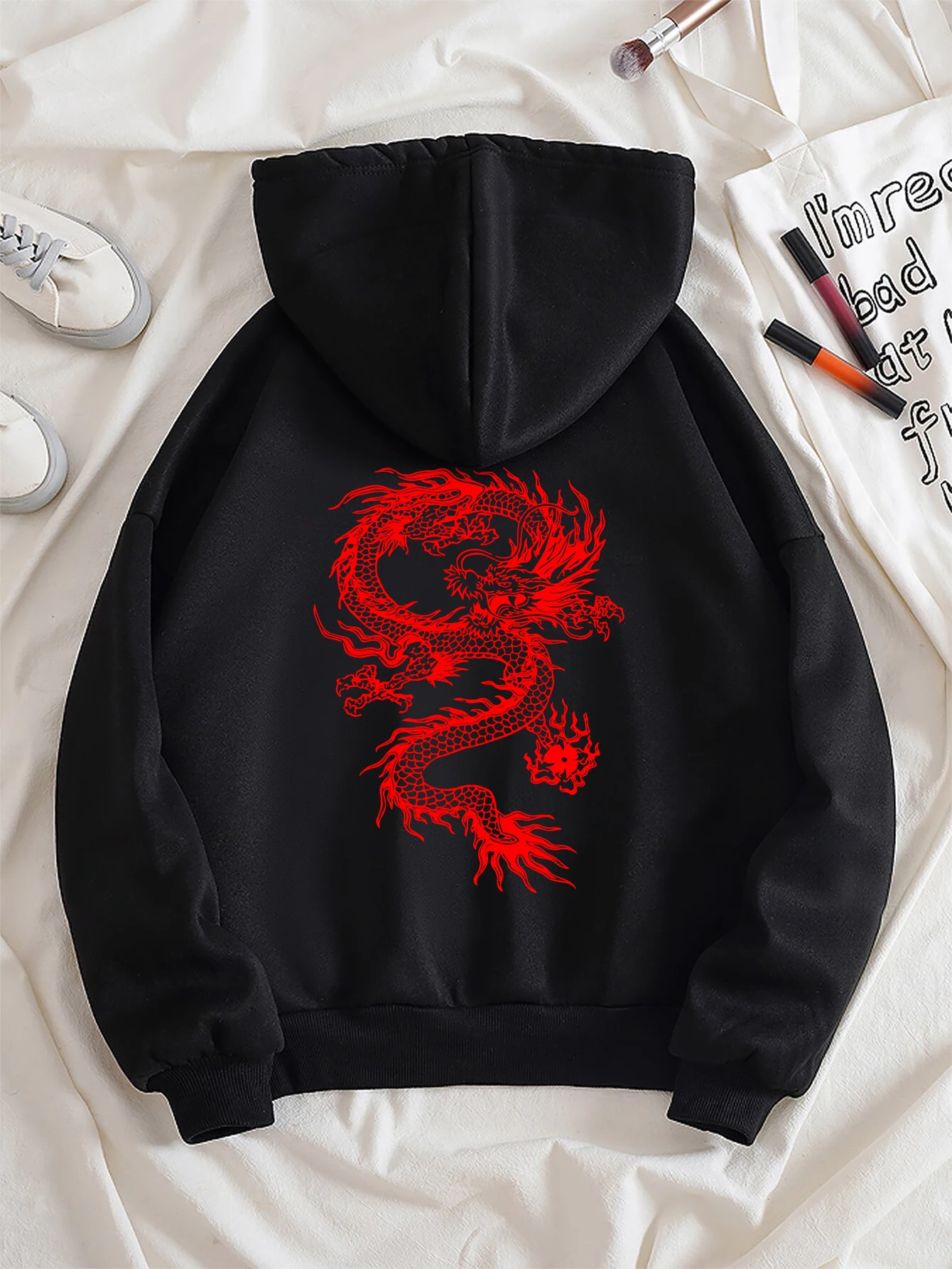 Red Dragon Pattern Printed Hoody Women\'s Harajuku Soft Sweatshirts Fashion Warm Hooded Autumn Fleece Casual Woman Sportswear