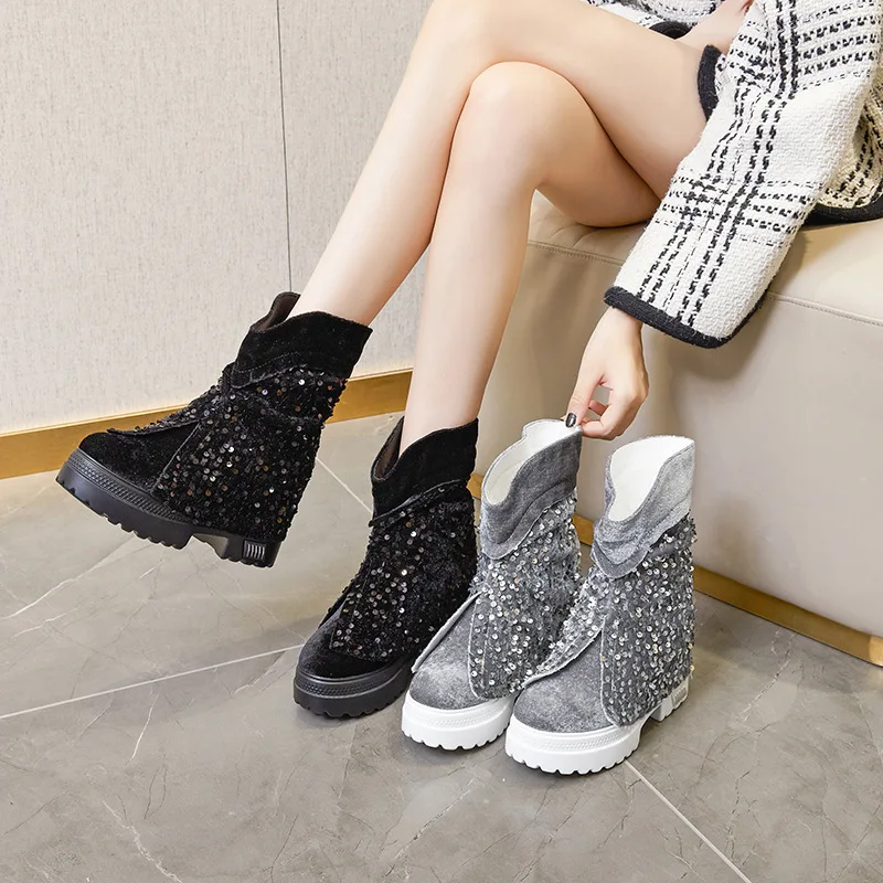 

Women's Sequins Short Boots Thick Bottom High Heels Autumn Non-slip Casual Internal Height Increase High-top Shoes Botas Mujer