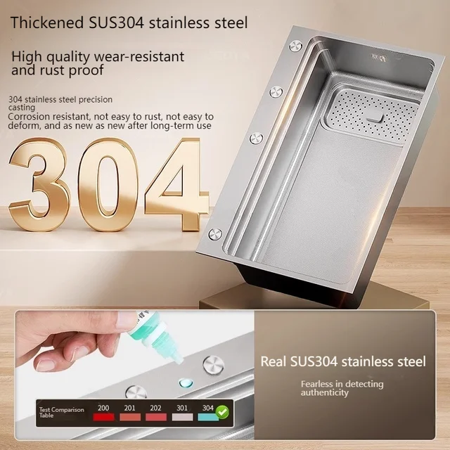 304 อ่างล้างจานสแตนเลสเงินขนาดใหญ่ SINGLE SLOT มัลติฟังก์ชั่ล้างจานอ่างล้างผักสําหรับห้องครัว 6