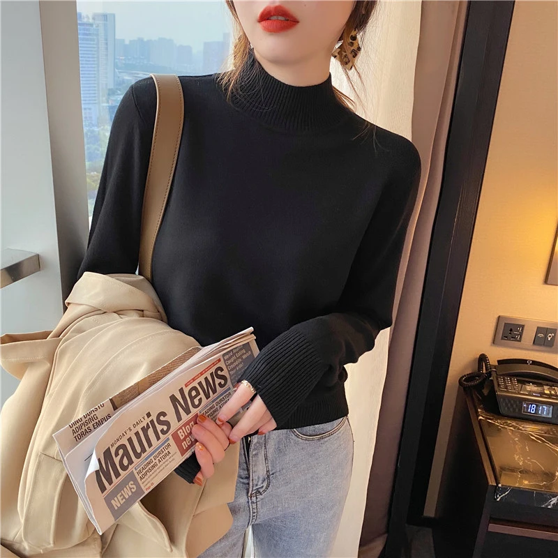 New Semi-turtleneck Women's Sweater Fashion Autumn and Winter Women's Clothing Long-sleeved Casual Knitwear Solid Color Jumper