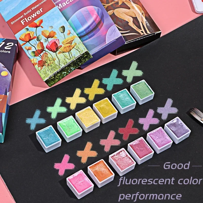 6/12 컬러 수채화 페인트 세트, 메탈릭 글리터 솔리드 안료, 아티스트용 학교 문구, 드로잉 그래피티 도구, 미술용품