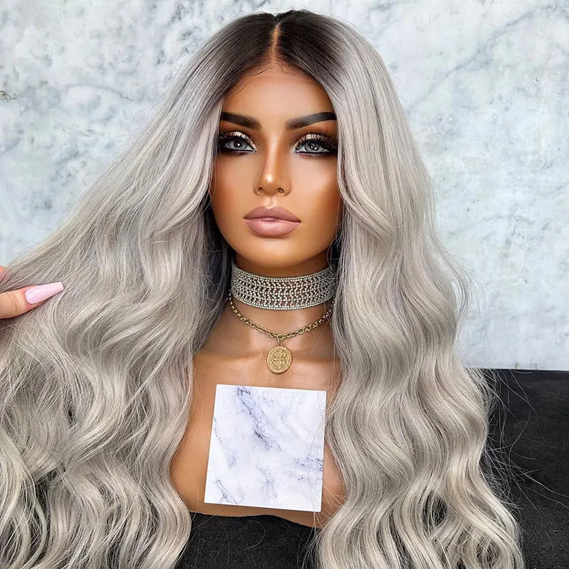 

Ombre Silver Grey Synthetic Lace Front Wig Glueless Preplucked Hairline High Quality Loose Wave Heat Resistant Fiber For Women