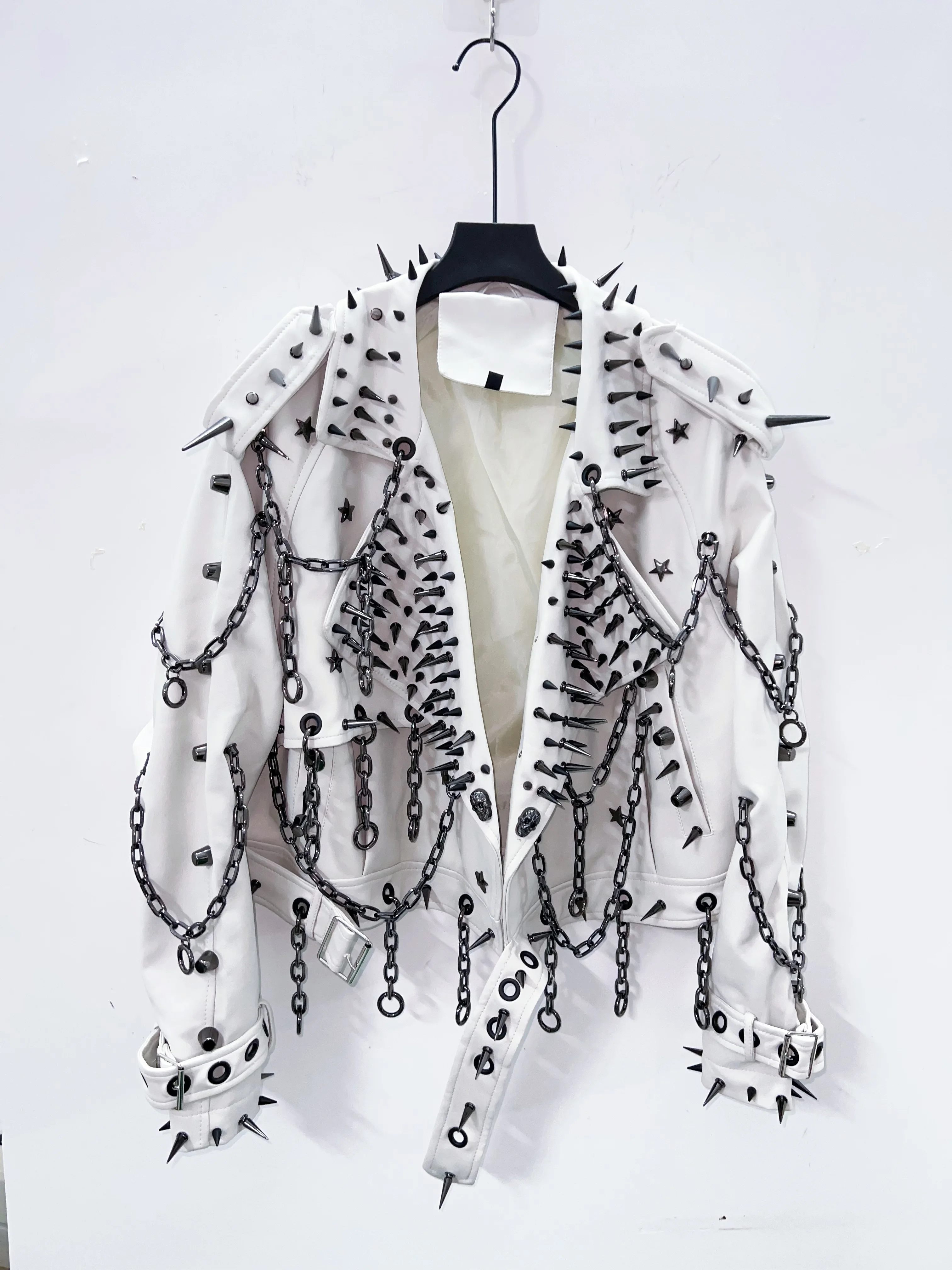 Spikey Chain White Faux Leather Jacket 3