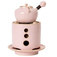 Pink Charcoal Tea Stove Boiler 650ml Teapot Ceramic Soda Glaze High temperature 20cm Baking net Fireplace One set 1