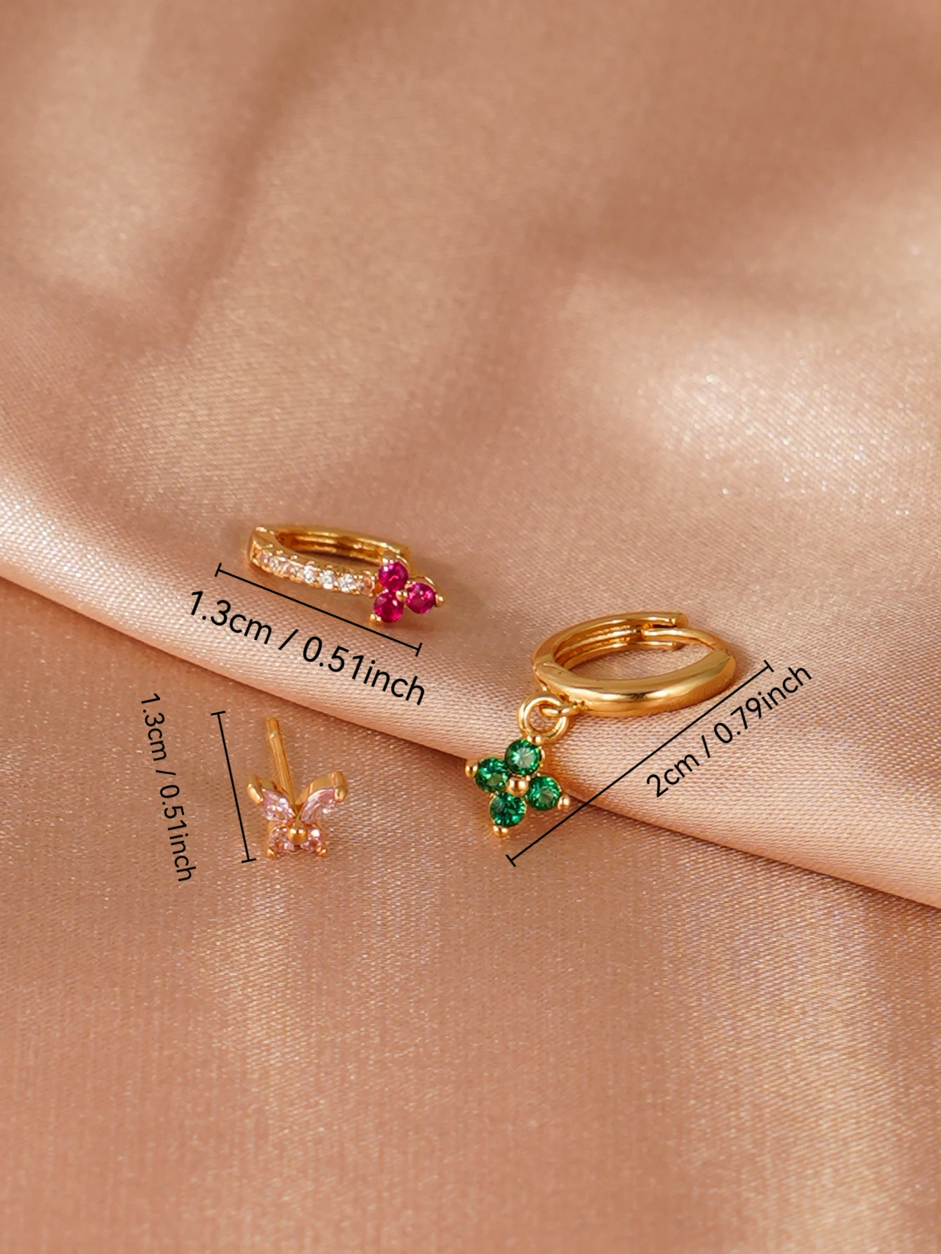 3pcs Retro Color Synthetic Zircon Set with Butterfly Flower Design Earrings