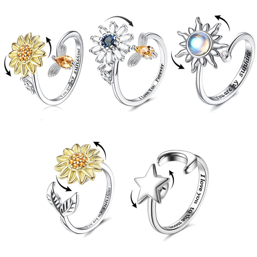 Girasole Fidget Spinner Ansia Anelli Per Le Donne Antistress Mood Rings Gioielli Regalo Per La Figlia