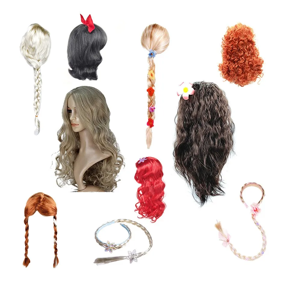 Girls Princess Elsa  Anna Moana Rapunzel Hair Snow Queen Wig Cosplay Carnival Halloween Birthday Gift Princess Party Accessories