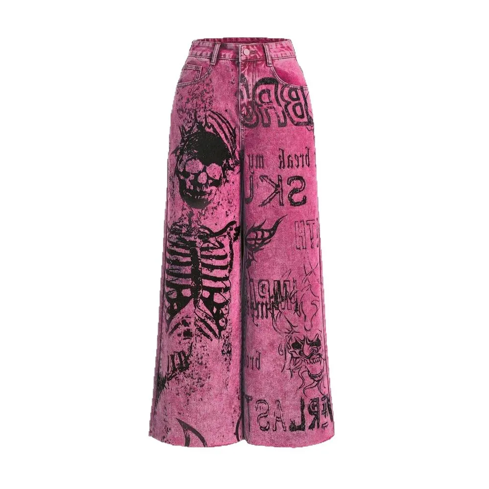 Pink Y2K Grunge Baggy Jeans Vintage Gothic Graffiti Skull Print 3D Lettering High Waist Wide Leg Pants Punk Fashion Streetwear