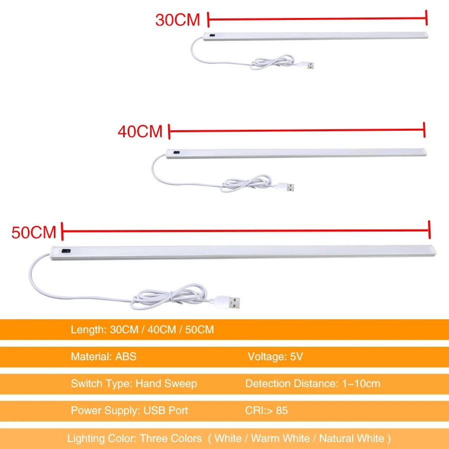 3 Colors Temperature Changeable LED Cabinet Lamp with Hand Scan Sensor Switch 30/40/50cm USB Cable Aluminium Closet Kitchen Lamp led night light led cabinet light under cabinet light cabinet lights led cabinet lights