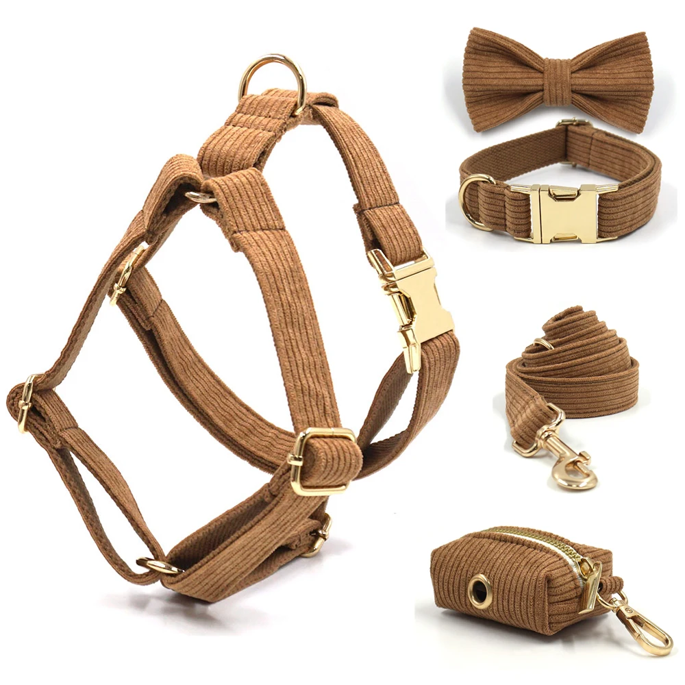 Brown Corduroy Dog Harness and Leash Set Luxury Designer Personalized Collar For Small Large Dogs Walking Lead Set with Poop Bag pet harness leash set,pet harness set