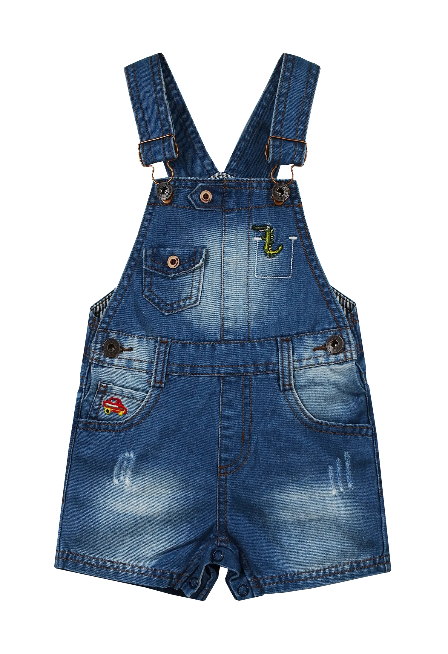 Kidscool Space Baby & Little Boys Dinosaur Car Embroidered Ripped Fashion Denim Shortalls