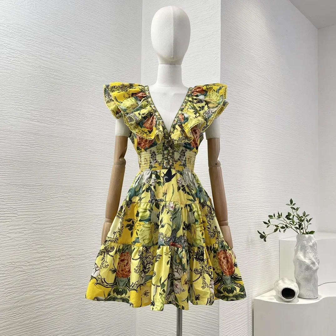 

New Arrival 2024 Women Summer Mini Dress Yellow Floral Print Sleevless V Neck Diamonds Pressed Ruffles Cut Out Waist for Holiday