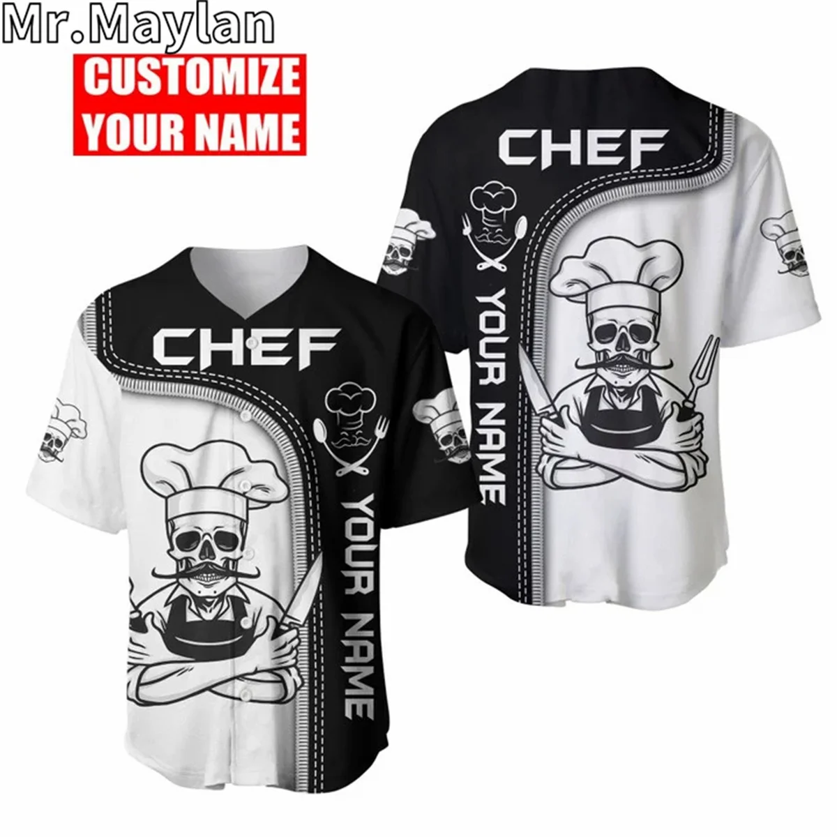 

Футболка мужская бейсбольная с 3d-рисунком черепа шеф-повара, Повседневная рубашка в стиле хип-хоп, подарок на заказ