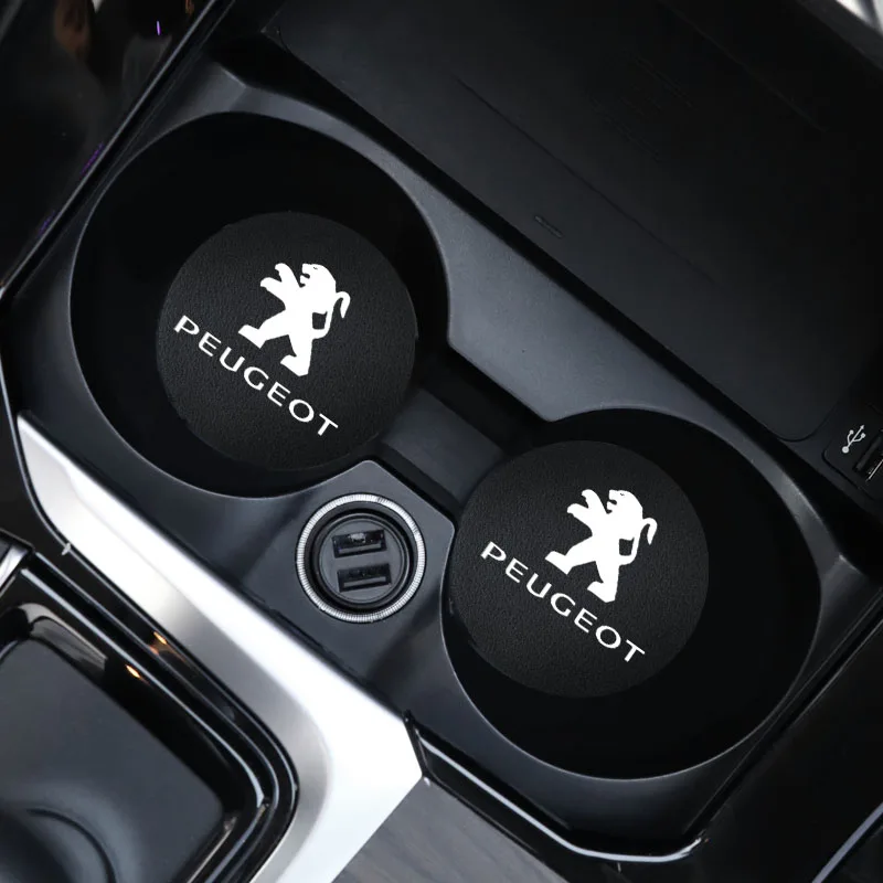 2Pcs PU Leather Car Cup Mat Auto Emblem Coaster Accessories For Peugeot 307 206 106 508 208 407 301 207 107 406 308 607 205 408