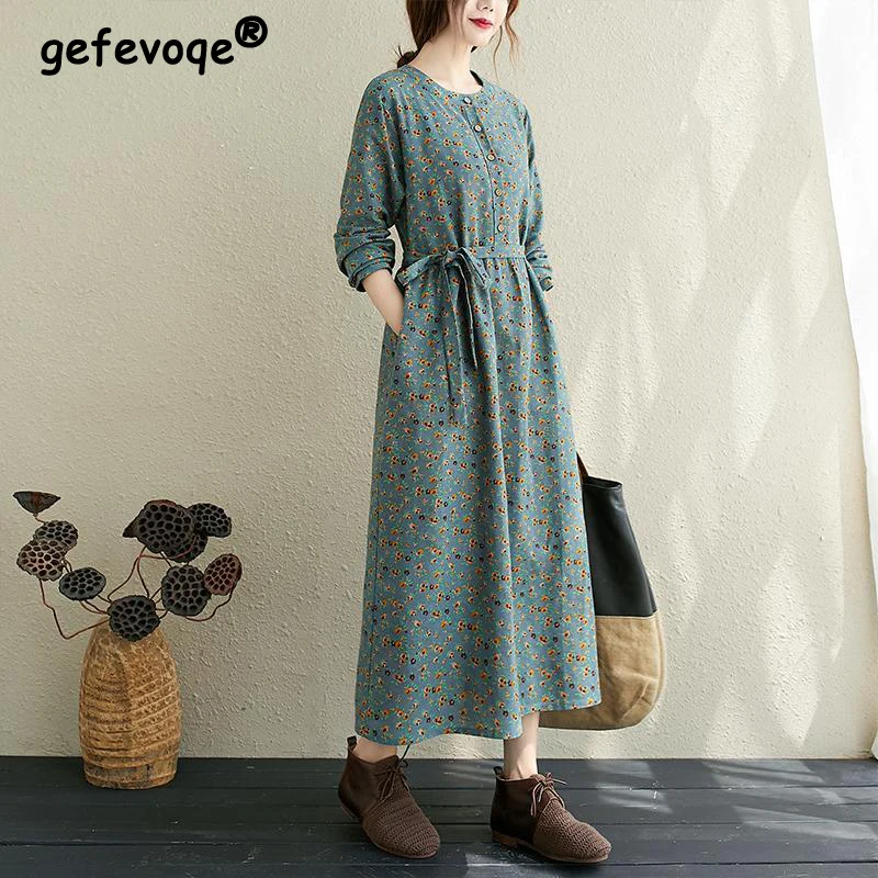 

Spring Autumn New Literary Vintage Cotton Linen Dress Ladies Long Sleeve Loose Casual Fashion Robe Femme Lace Up Maxi Vestidos