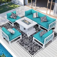 Aluminum terrace furniture with fire pit dialogue set, equipped with 29 inch deep seats (sky blue with white aluminum) 1