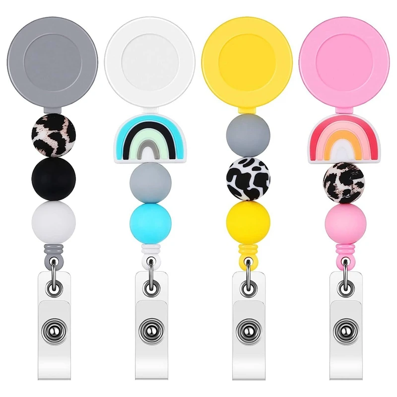 

4 Pcs Badge Reel Retractable Cute Silicone Beaded Badge Reel With Swivel Clip And Key Ring For Office