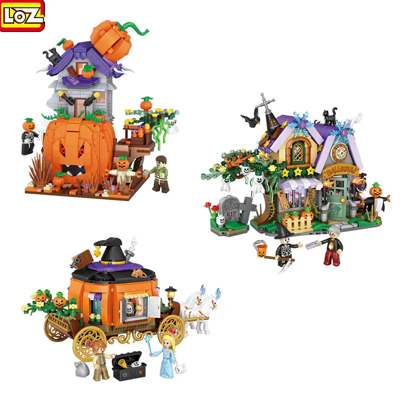 

LOZ MINI Creative MOC Halloween Hut House Building Block Happy Halloween Pumpkin Carriage Decoration Bricks Boys Kids Toys Gifts