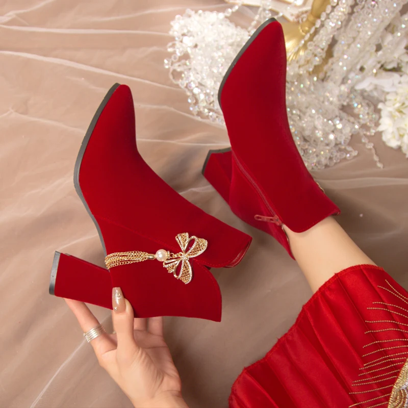 NEW Boots Flat Platform Women's Low Shoes Zipper Winter Footwear Clogs Ankle High Heel Pointy Rubber Red Ladies 2024 Pointed Toe