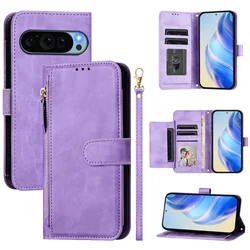 Zipper Wrist Strap Leather Wallet Phone Case with Card Holder and Stylish Back Cover - Google Pixel 9 ProXL (Purple)