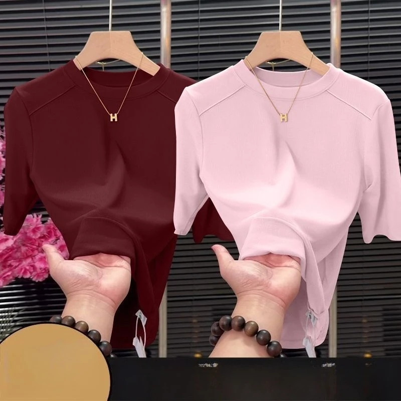 Damenoberteil im koreanischen Stil mit mittellangen Ärmeln, modisches und vielseitiges Basic-Shirt, schmale Passform, halbhoher Kragen, kurzärmliges T-Shirt