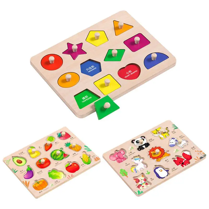 Wooden Peg Puzzles Wood Shape Peg Jigsaw Puzzles With Knob Early Sensory Educational Development Toy For Infant Toddlers gifts