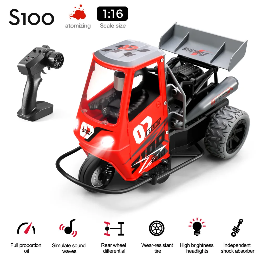 

S100 1:16 Three-wheeled Remote Control Car Lights Spray Stunt Car 2.4g Drift Racing Car Children's Toy Car Christmas Doll Gift