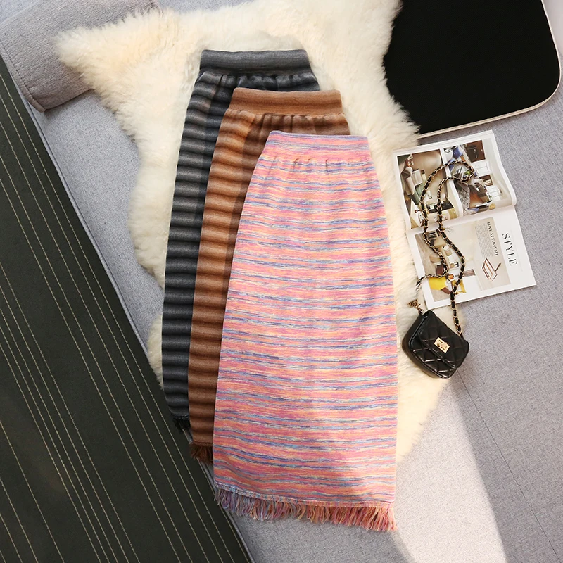 

Женская трикотажная юбка-карандаш, радужная трикотажная юбка с высокой талией и кисточками, Осень-зима 2023