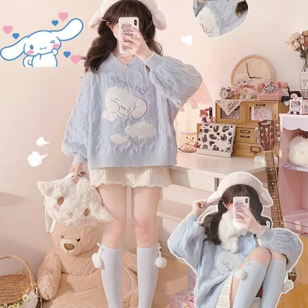 

Sanrioed Cinnamoroll Sweater Anime Kawaii Lolita Jk Spring Autumn Knitting Student Girl Sweater O-Neck Tops Harajuku Loose Sweet