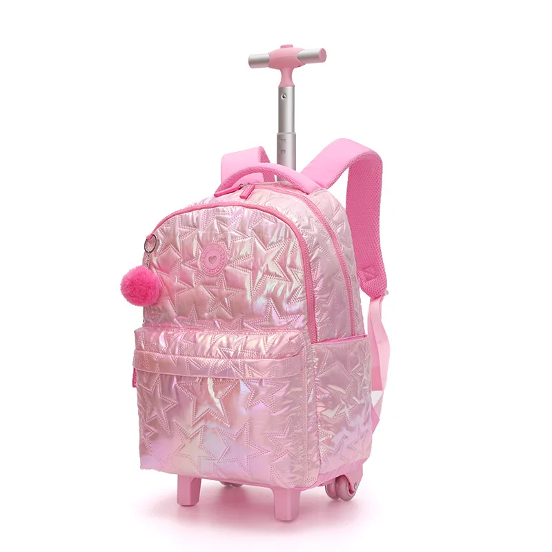 Wheel School Bag Set 18 Inch Student Roll Up Backpack Three 3 Package Pencil Case with Fur Ball Pendant Stylish Lightweight 5
