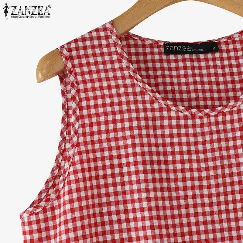 ZANZEA Vintage Karierte Midi Kleider Gingham Casual Hohe Taille Urlaub Lange Roben Ärmellose Täglichen Frauen Sommer A-line Vestidos – Detail 12