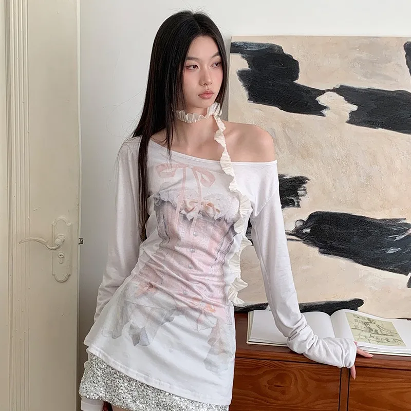 Genayooa Fairycore Print Grafik Tops Frauen Off Schulter Y2k Vintage T Shirt Streetwear Koreanischen Stil Mode T Tops 2000er Jahre – Detail 15