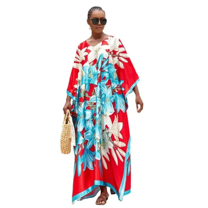 

Summer Fashion Style Women V-neck Printing Plus Size Long Dress Kimono Women Japanese Fashion Casual Beach Maxi Dress