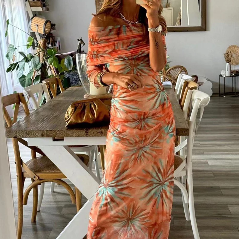 

New Spring Slash Neck Draped Long Dress Women Sexy Floral Print Slim Bodycon Party Dress Summer Off Shoulder Backless Boho Dress