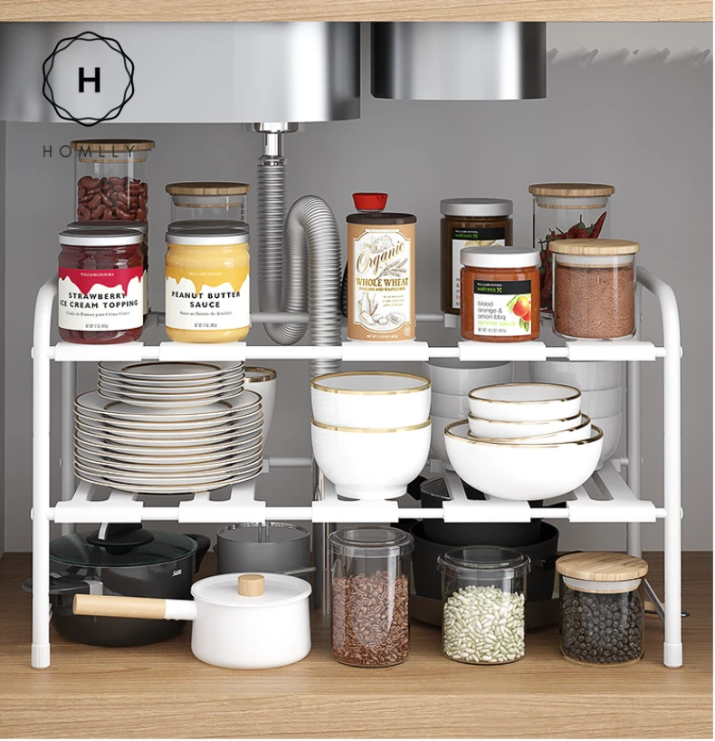 Homlly Under Sink 2 Tier Expandable Shelf Rack with Removable Panels