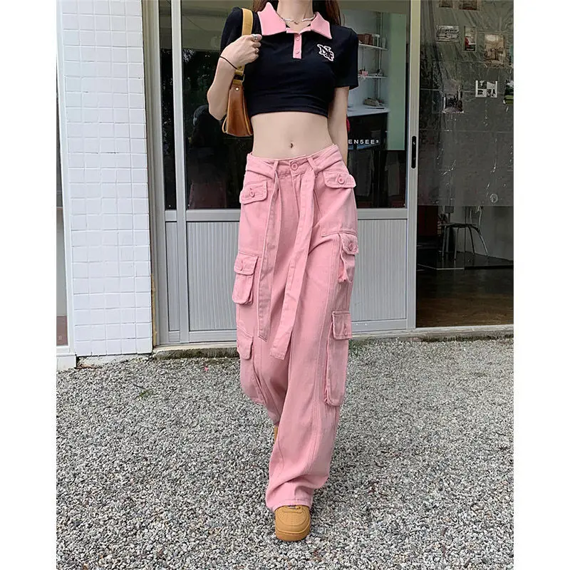 

American Retro Trend Spice Girl Pink Women's Overalls 2023 New High Street Joker Loose Mopping Jeans Multi-Pocket Hip-Hop Pants