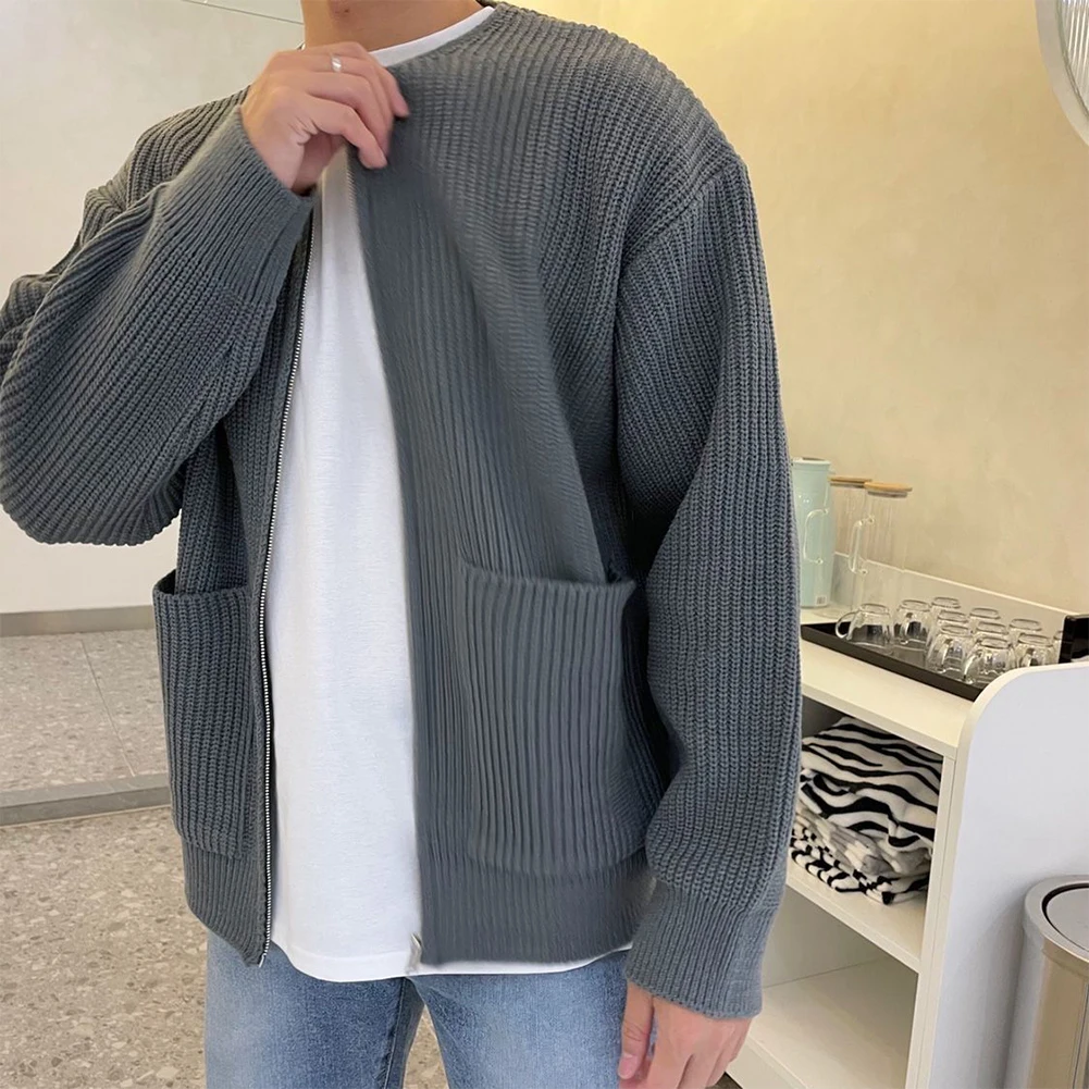 

New Men Zip Up Long Sleeved Knitted Cardigan Lined Funnel Neck Jumper Sweater Pockets Coat Loose Fitting Men's Sweater Cardigan