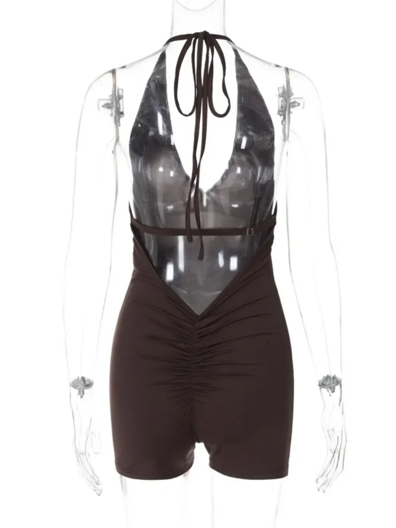 Fashion Sexy Backless Halter Neck Lace-up One Piece Bodysuit Streetwear Women Summer Sleeveless Folds Sports Jumpsuit Rompers