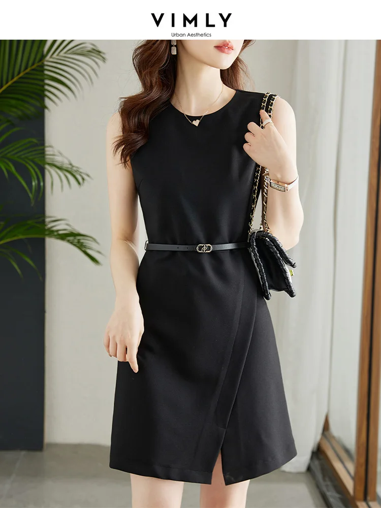 

Vimly Elegant Mini Black Dress for Women 2023 Fashion O-Neck Slim Leather Belt Solid Sleeveless Tank Split Female Summer Dresses