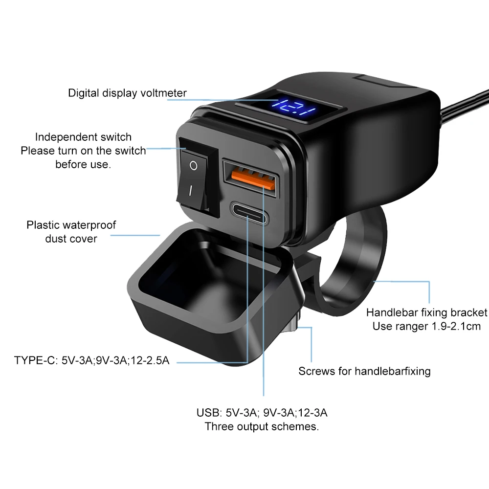 Motorbike Charger Adapter Waterproof Motorbike Motorcycle Handlebar Charger Dual USB Port Adapter Power Adapter with Switch for Mobile Phone Charger