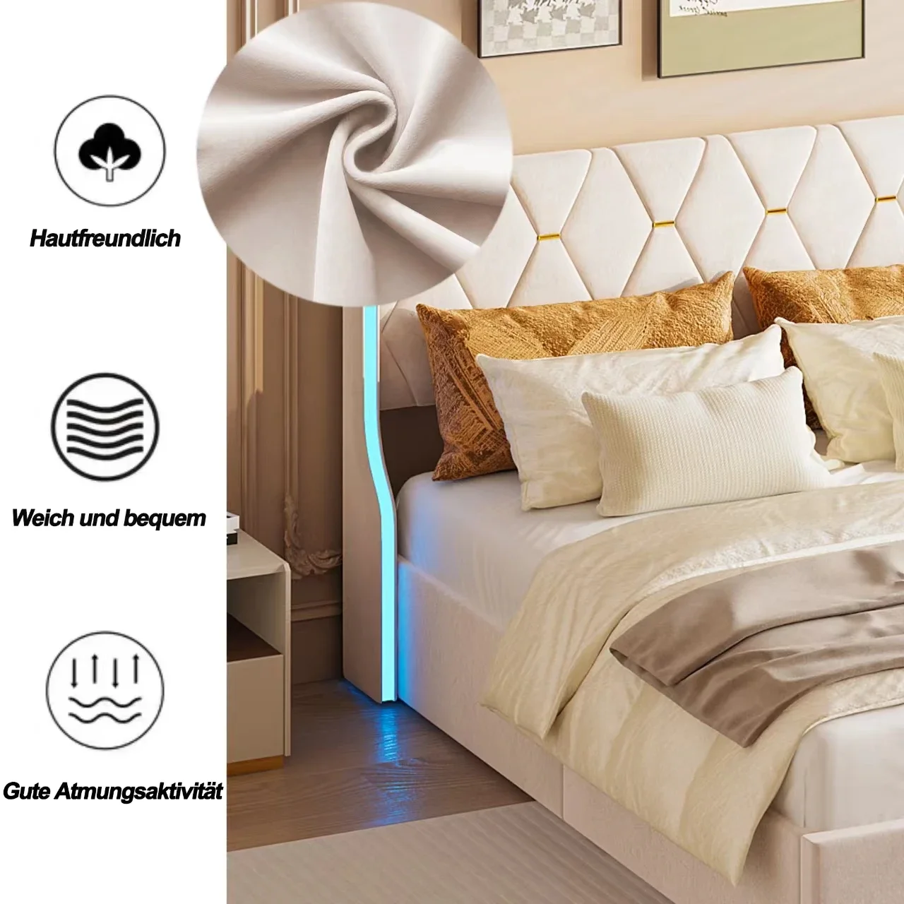 Comanlai Polsterbett, Bettgestell mit LED-Beleuchtung und Hydraulikstange, Doppelbett mit Lattenrost, Ohne Matratze, Beige – Detail 3