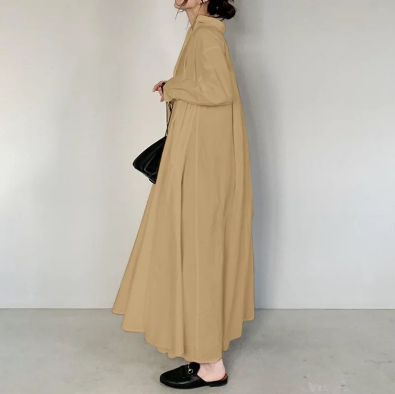 Muslim Abayat Dress for Women, Cotton and Linen, Commuter Temperament Abayas, Simple Versatile Lapel, Long Sleeve Loose Shirt