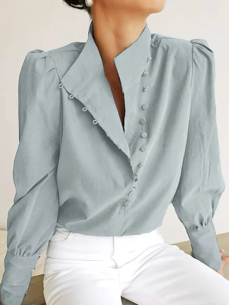 

2022 Elegant Turtleneck Blouse Long Sleeve White Shirt Office Ladies Tops Casual Single-Breasted Puff Sleeve Women Blouse