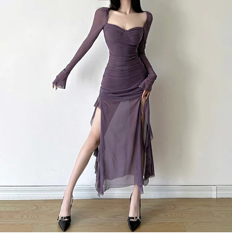 Sexy High Slit Bodycon Midi Dresses for Women Square Collar Long Sleeve Slim Evening Party Dress Club Prom Robe Y2K Vestidos New