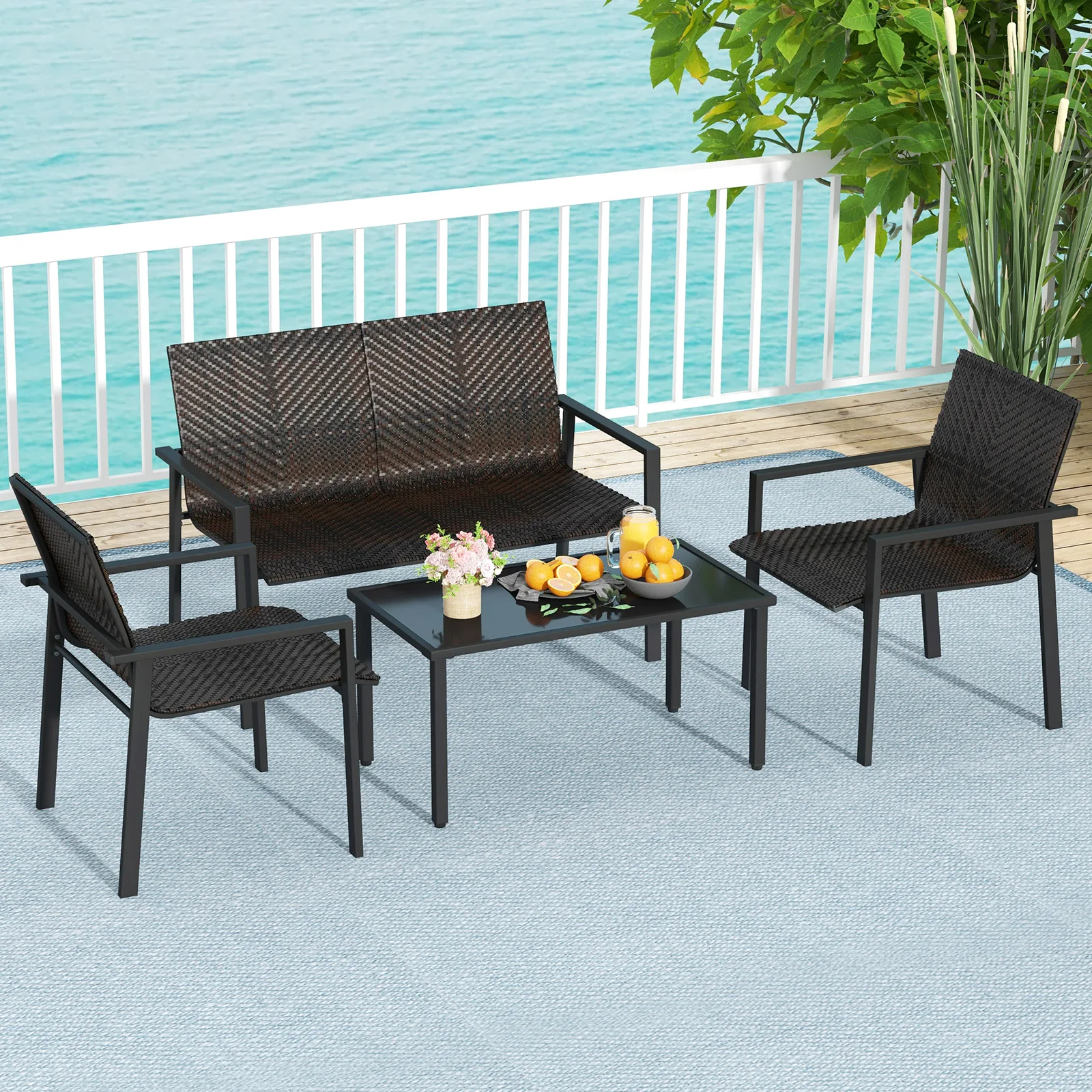 Polyrattan Gartenmöbel Set, 4-TLG. Terrassenmöbel, Sitzgruppe, Sitzgarnitur für 4 Personen, Gartengarnitur inkl. 2 Stühlen, Bank – Detail 1