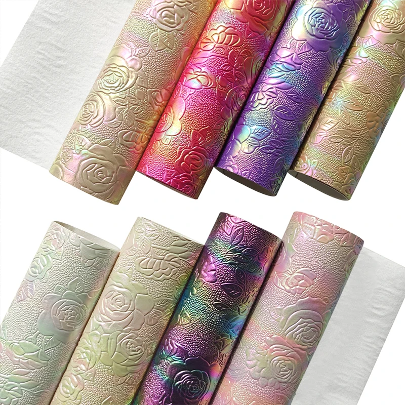 

Holographic Rainbow Gradient Faux Leather Sheet Rose Pattern Fabric for Bow Bag Cushion Book Cover Craft DIY Material 30*135CM