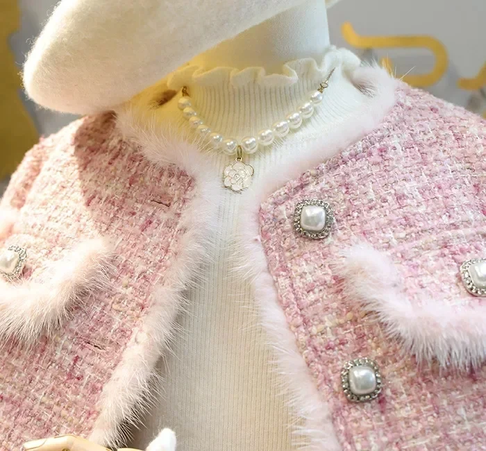 Spring Winter Girl Kids Tweed Clothes Sets Fashion Children Suits Cotton Padded Jacket Coat+Skirt 2Pcs for 1-10Years